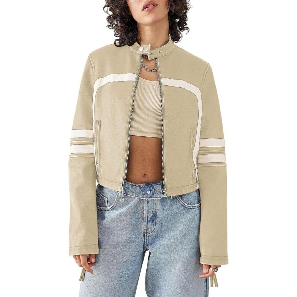Women Apricot Faux Leather Zip Up Cropped Jacket Stand Collar Moto Coat